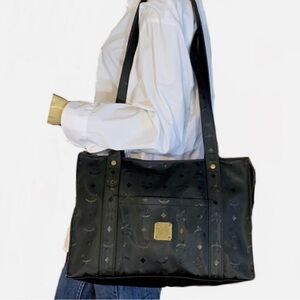 MCM Black Monogram Leather Tote Bag Gold Visetos Shopper Structured Quiet Luxury
